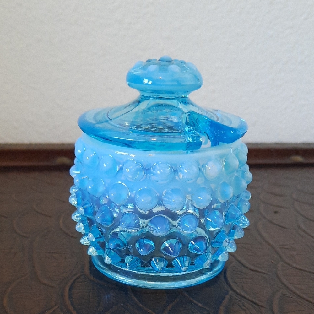 Blue Glass Hobnail Jar with Lid